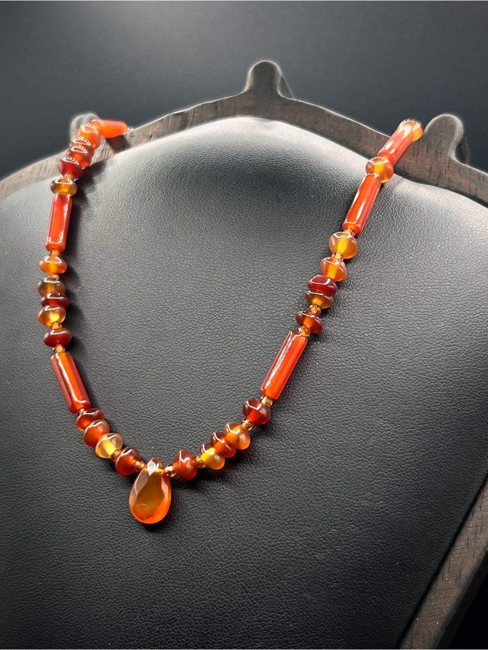 Handmade Orange Carnelian Beaded Necklace with Teardrop Pendant